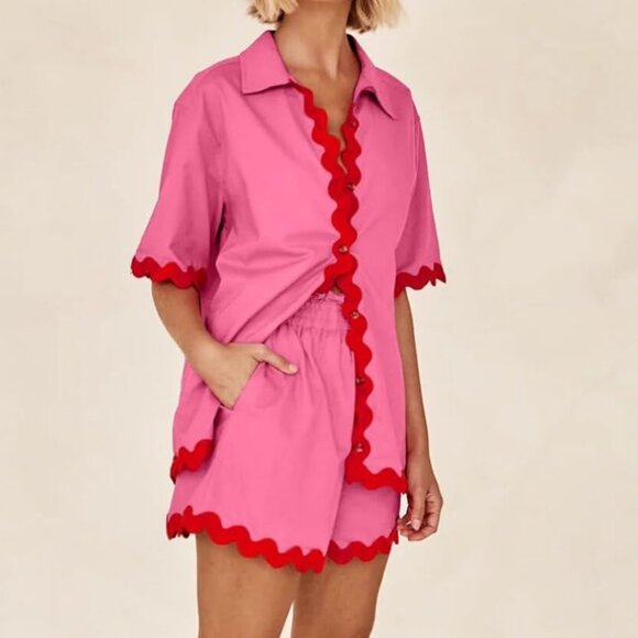 Women’s Pink and Red Two Piece Set Button Top with Scallop Trim size Large - Picture 3 of 10